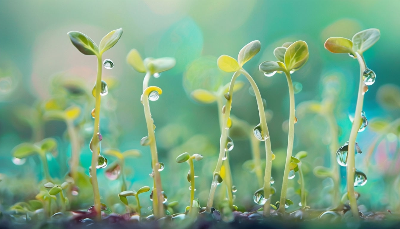 Fresh Green Sprouts with Water Droplets Macro Photography Background