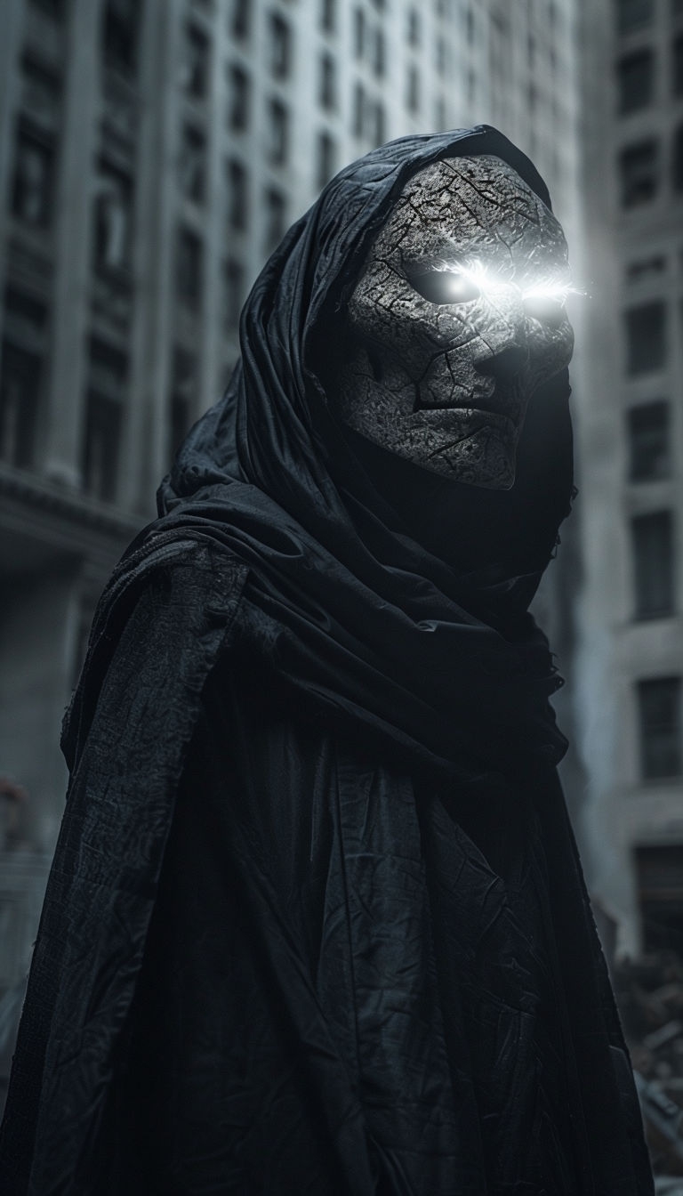 Mysterious Dark Urban Scene with Cloaked Figure Mobile Wallpaper