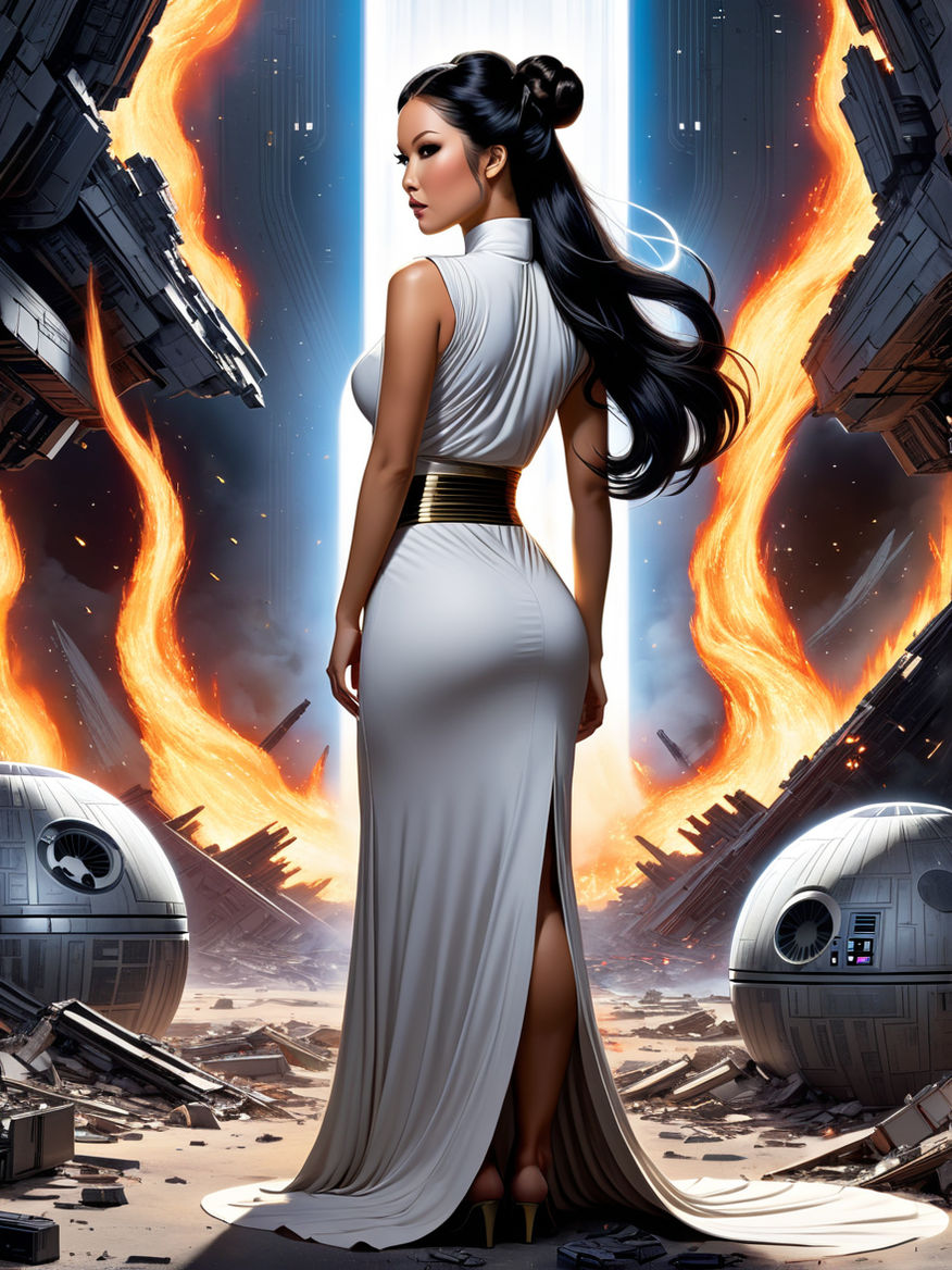 floor-length skirt. --ar 3:2 --v 5 A female model glides down the runway as Princess  Leia Organa