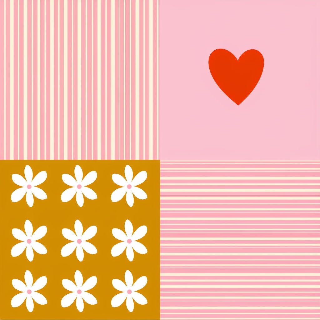 Cheerful Rectangular Pattern with Hearts and Flowers Design Seamless Pattern
