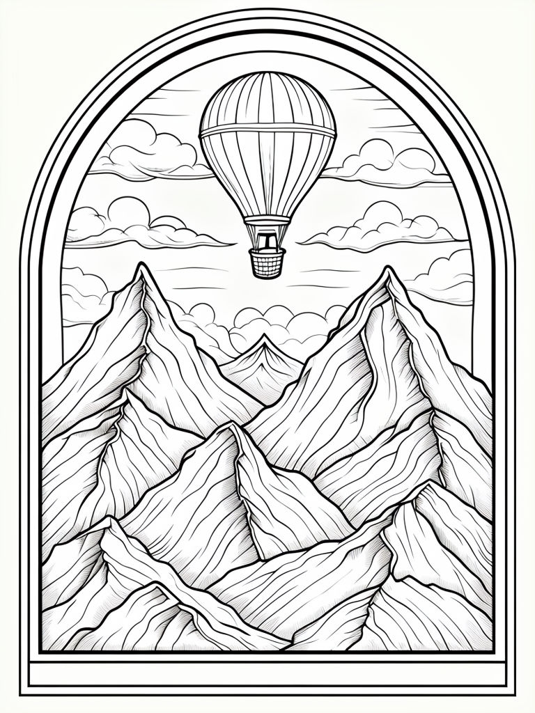 Majestic Mountains and Hot Air Balloon Coloring Page Design