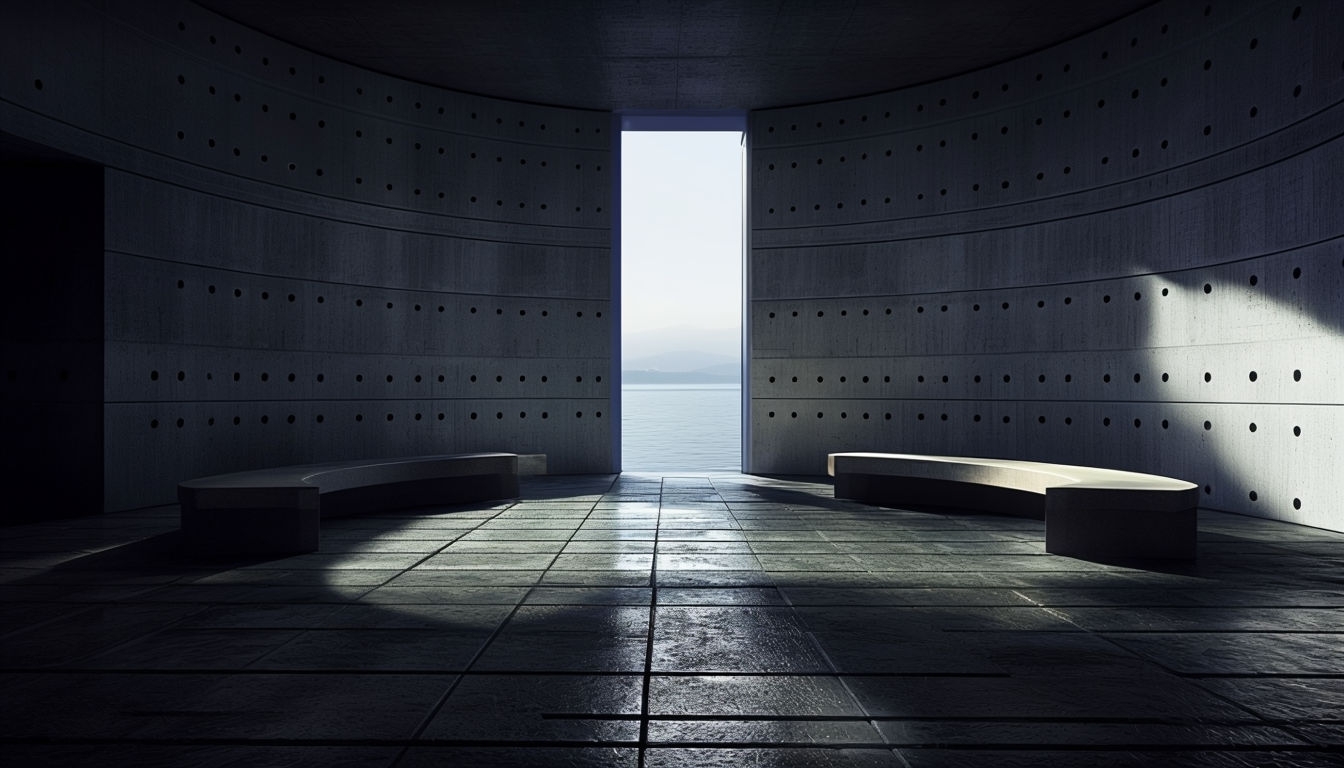 Minimalist Concrete Interior with Serene Coastal View Virtual Background