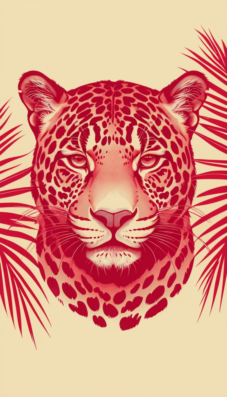 Crimson Jaguar Face with Palm Fronds Vector Phone Case Cover