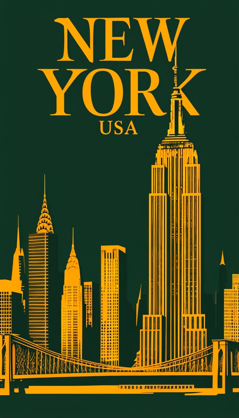 Stylized New York City Skyline Illustration on Dark Green Background Mobile Wallpaper