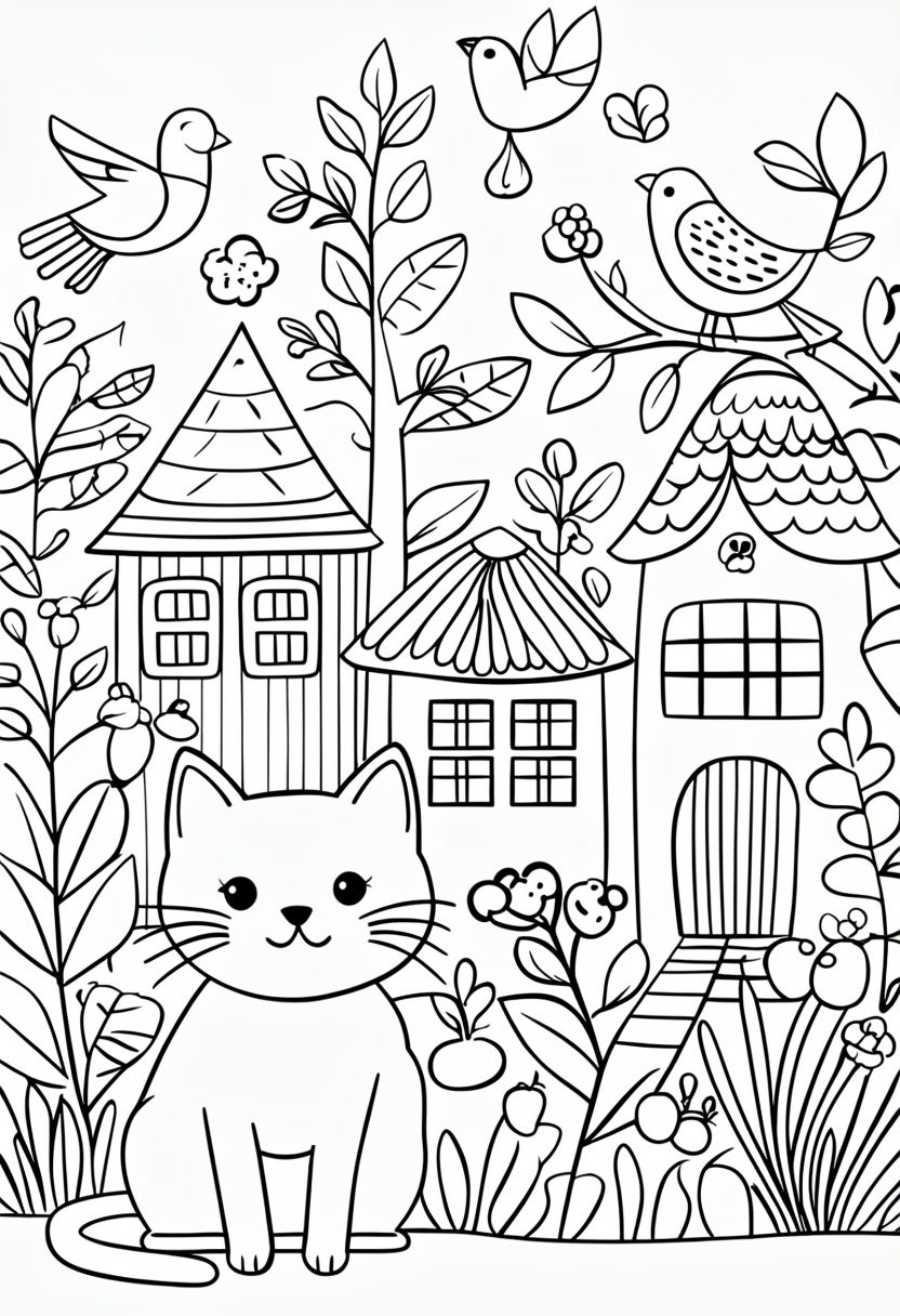 Whimsical Cat and Bird Scene Coloring Book Page