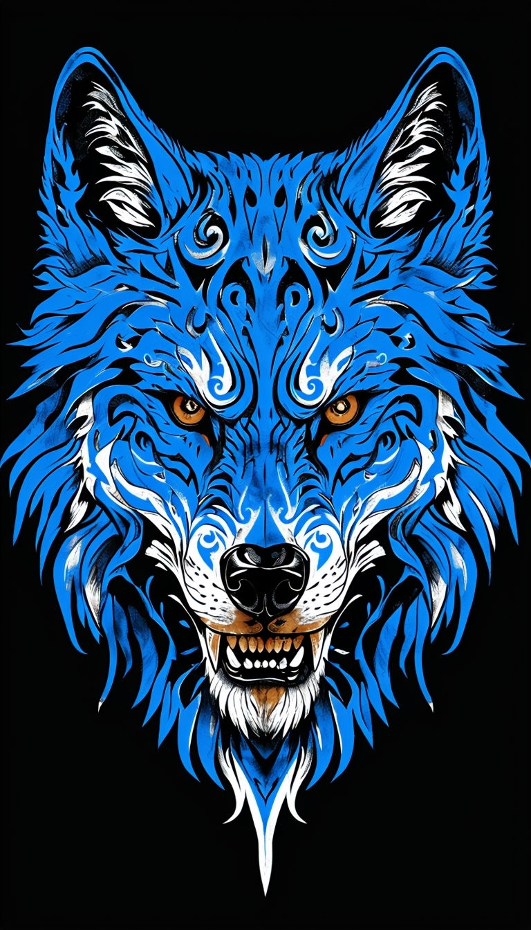 Vibrant Blue Tribal Wolf Face Digital Art Poster