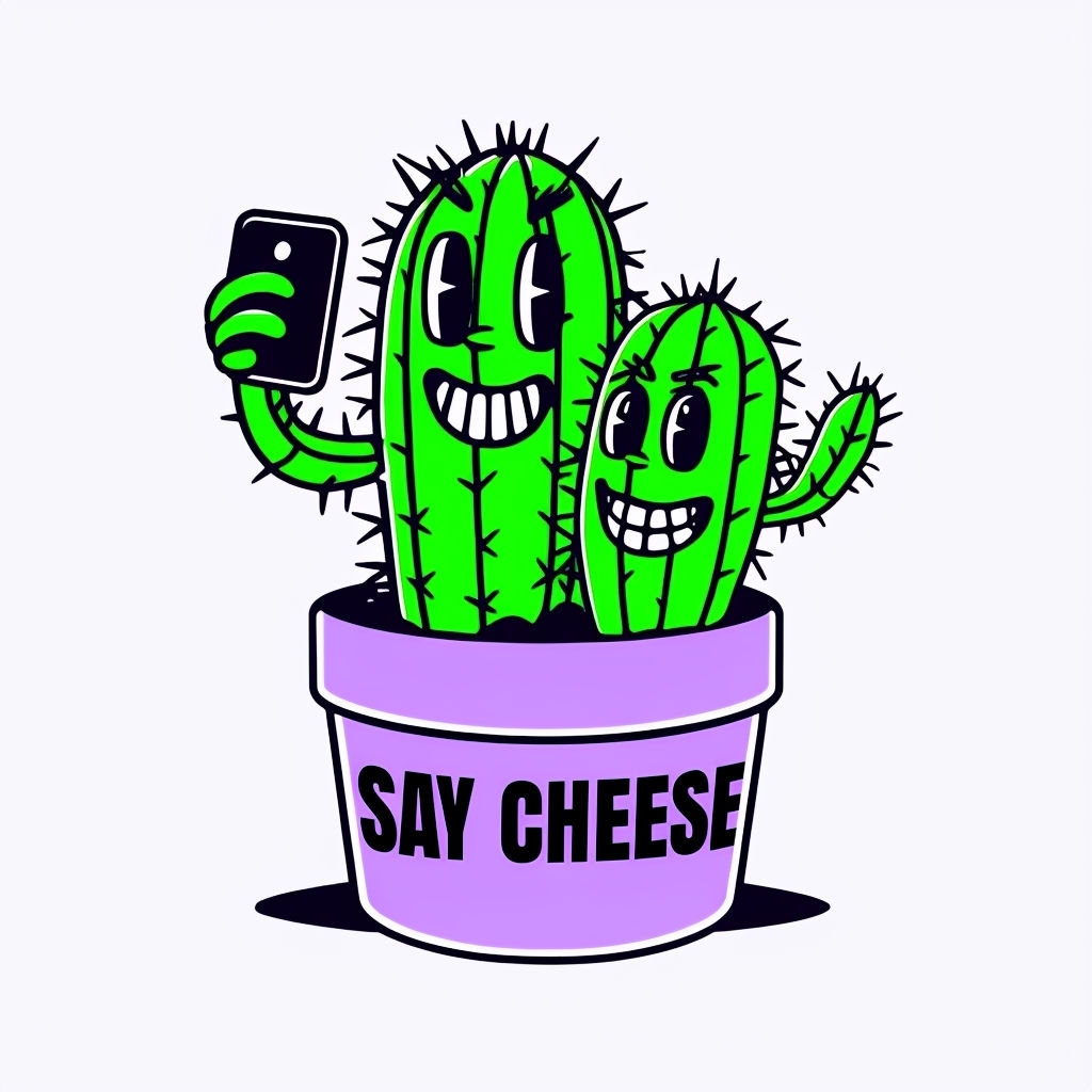 Playful Cartoon Cacti Taking Selfie with Say Cheese Mug