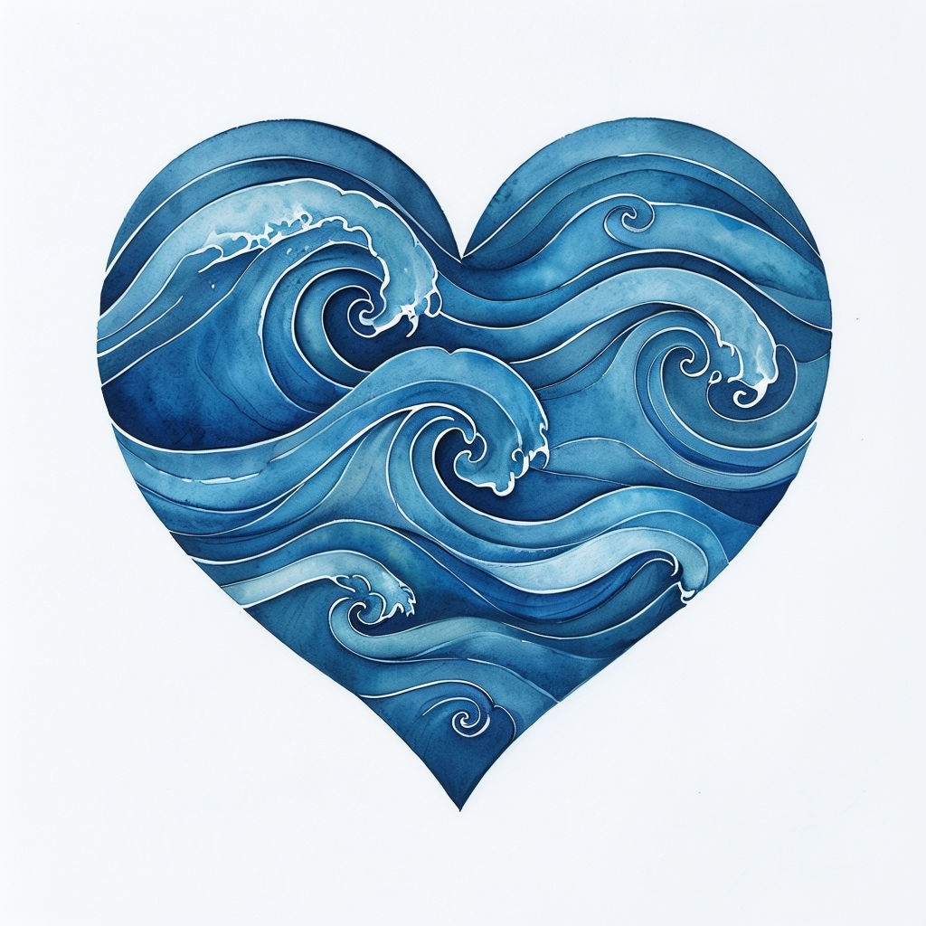 Intricate Blue Heart Waves Watercolor Illustration Sticker