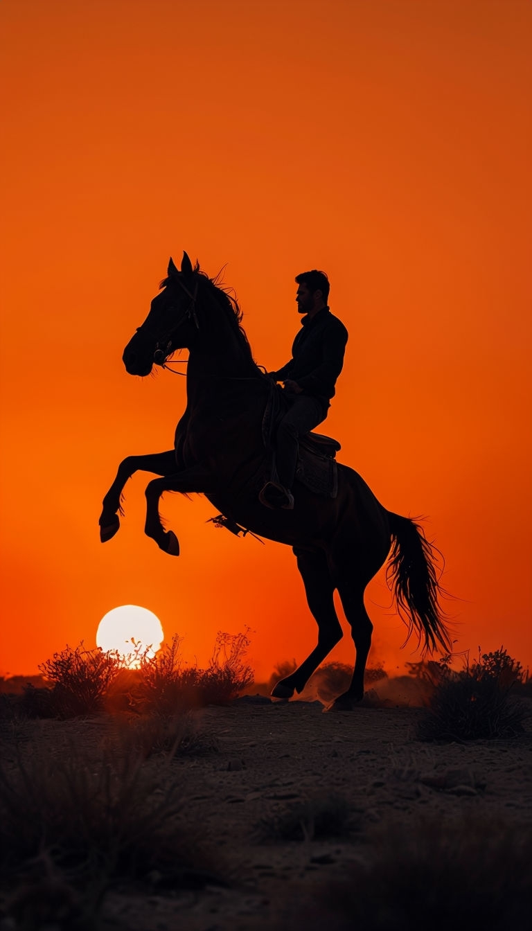 Dramatic Sunset Horse Rider Silhouette in Desert Landscape Mobile Wallpaper
