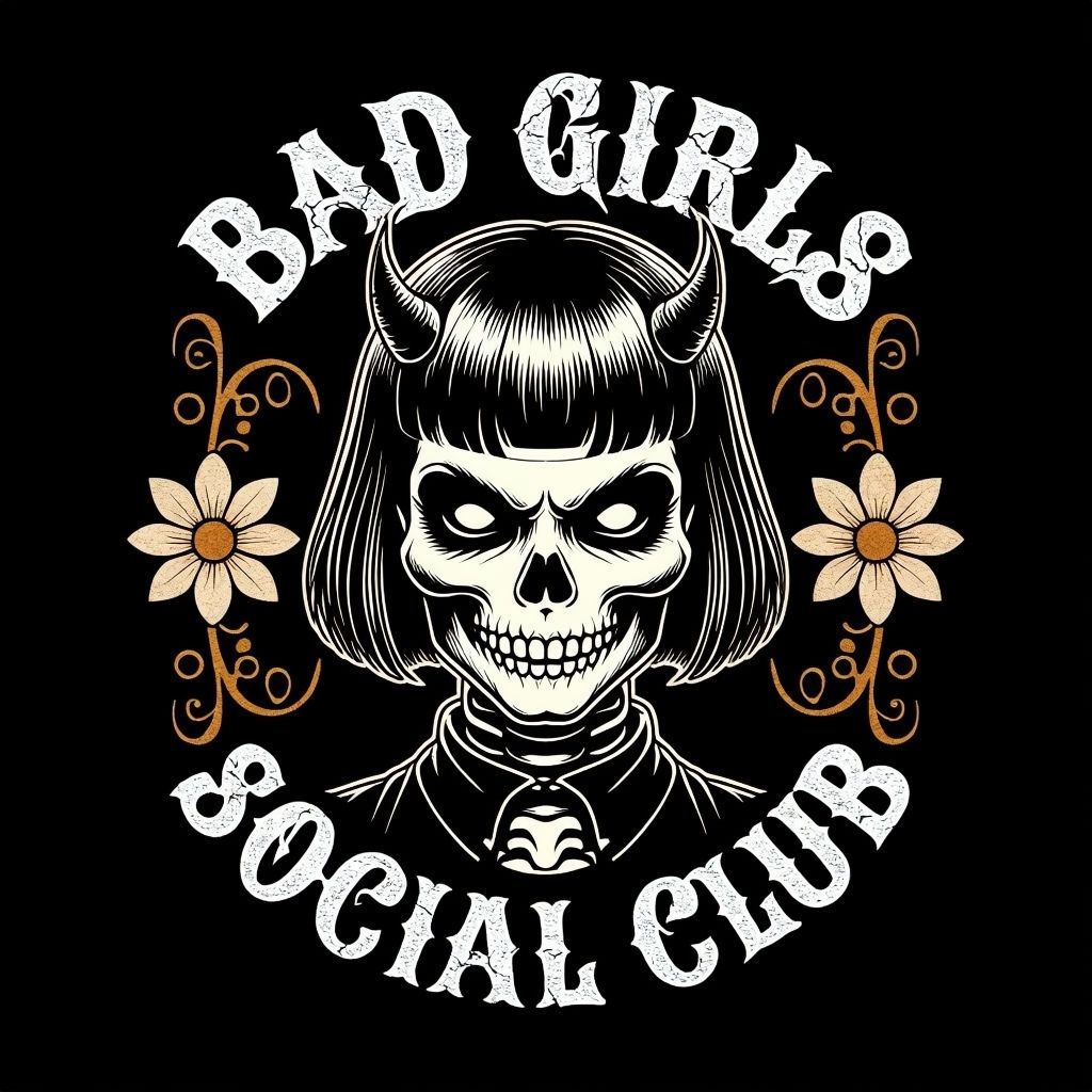 Bold Skeletal Demon Design with Bad Girls Text T-Shirt