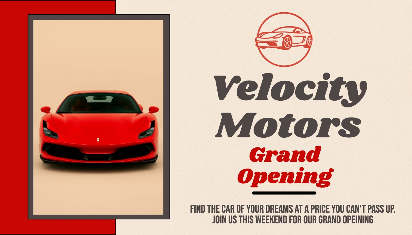 Sleek Red Sports Car Advertisement for Velocity Motors Banner