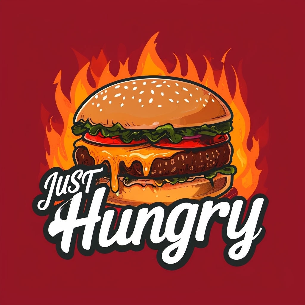 Playful Cartoon Burger with Just Hungry Text Logo