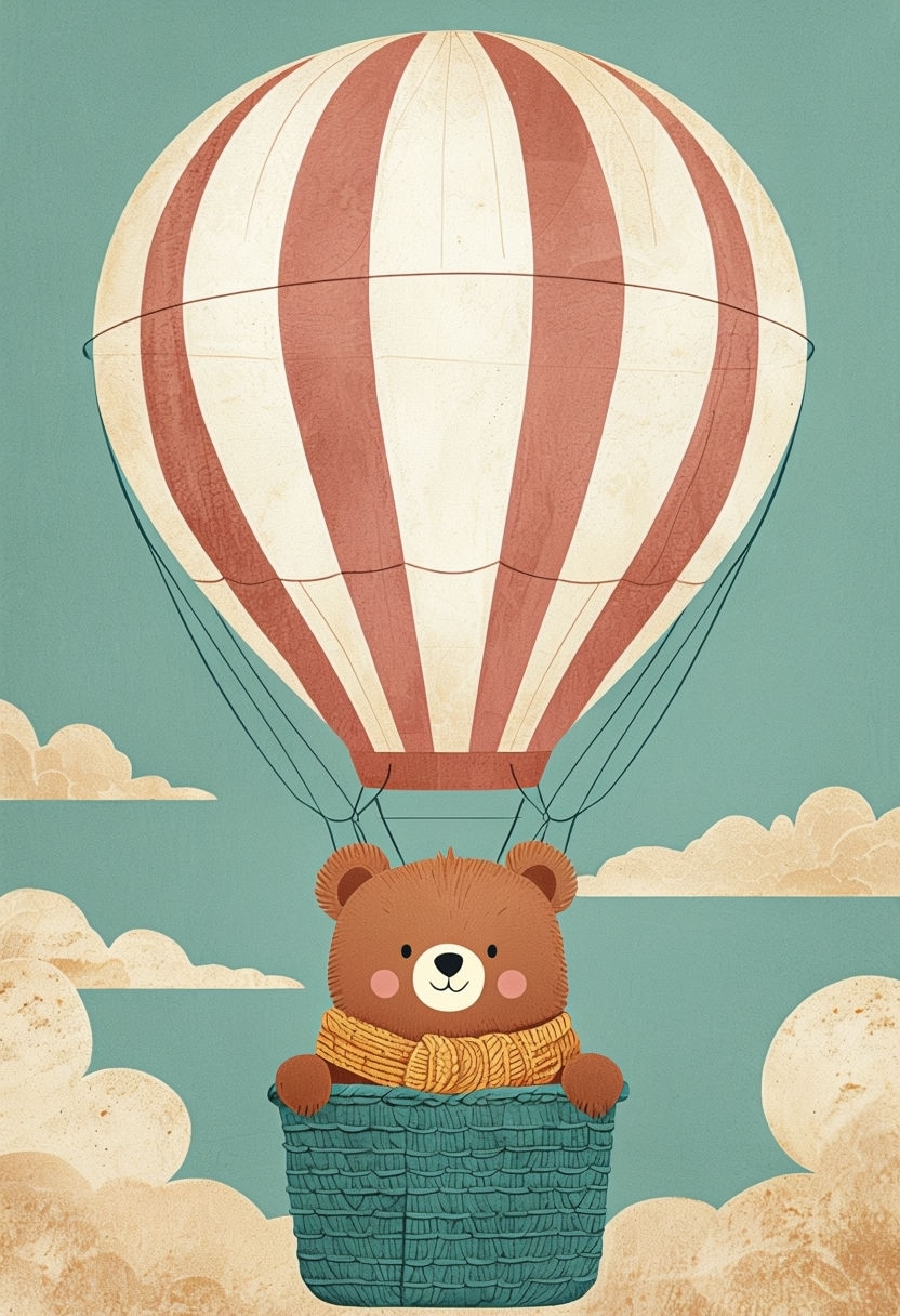 Charming Brown Bear Hot Air Balloon Adventure Artwork Art