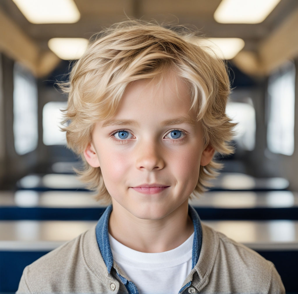 a beautiful six-year-old boy with his blond hair and captivating blue eyes