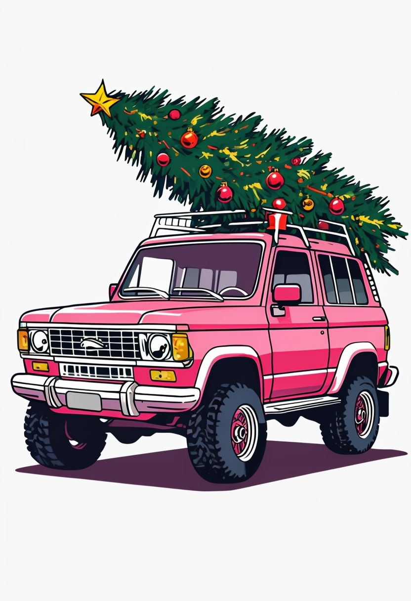 Vibrant Pink SUV with Christmas Tree Cartoon T-Shirt