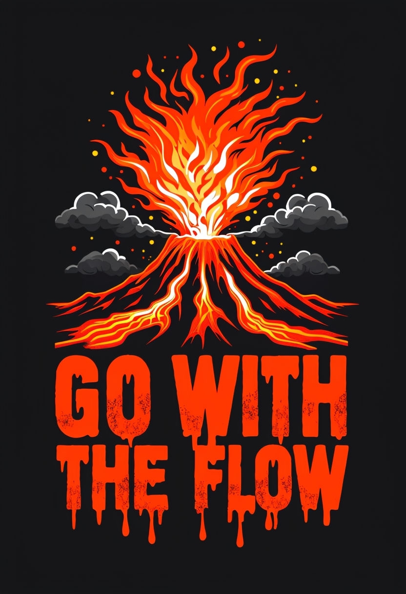 Dramatic Volcano Eruption with 'Go With The Flow' Text T-Shirt