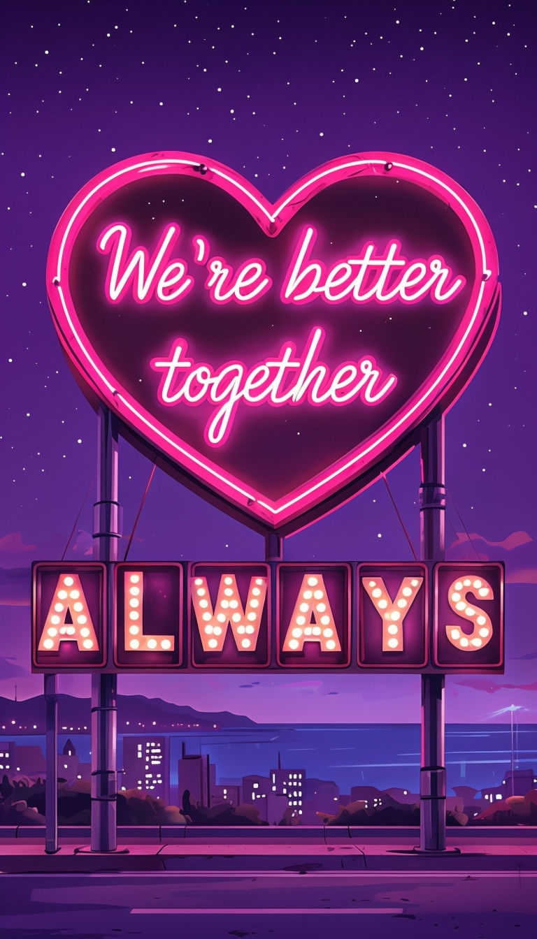 Vibrant Neon 'We're Better Together' Sign with Cityscape Poster