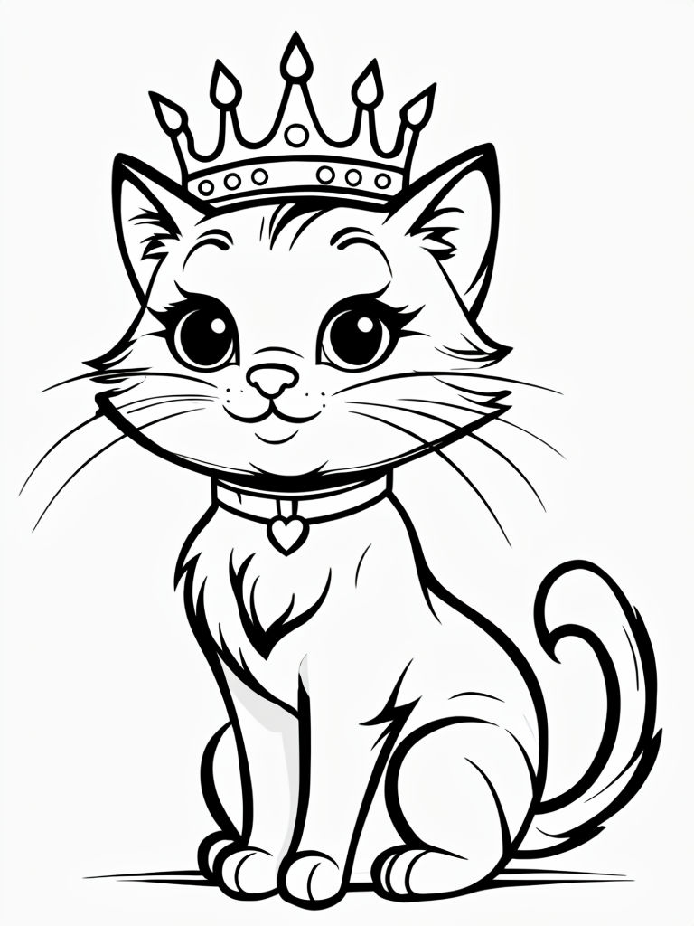 Charming Cartoon Cat with Crown and Heart Collar Coloring Book Pages