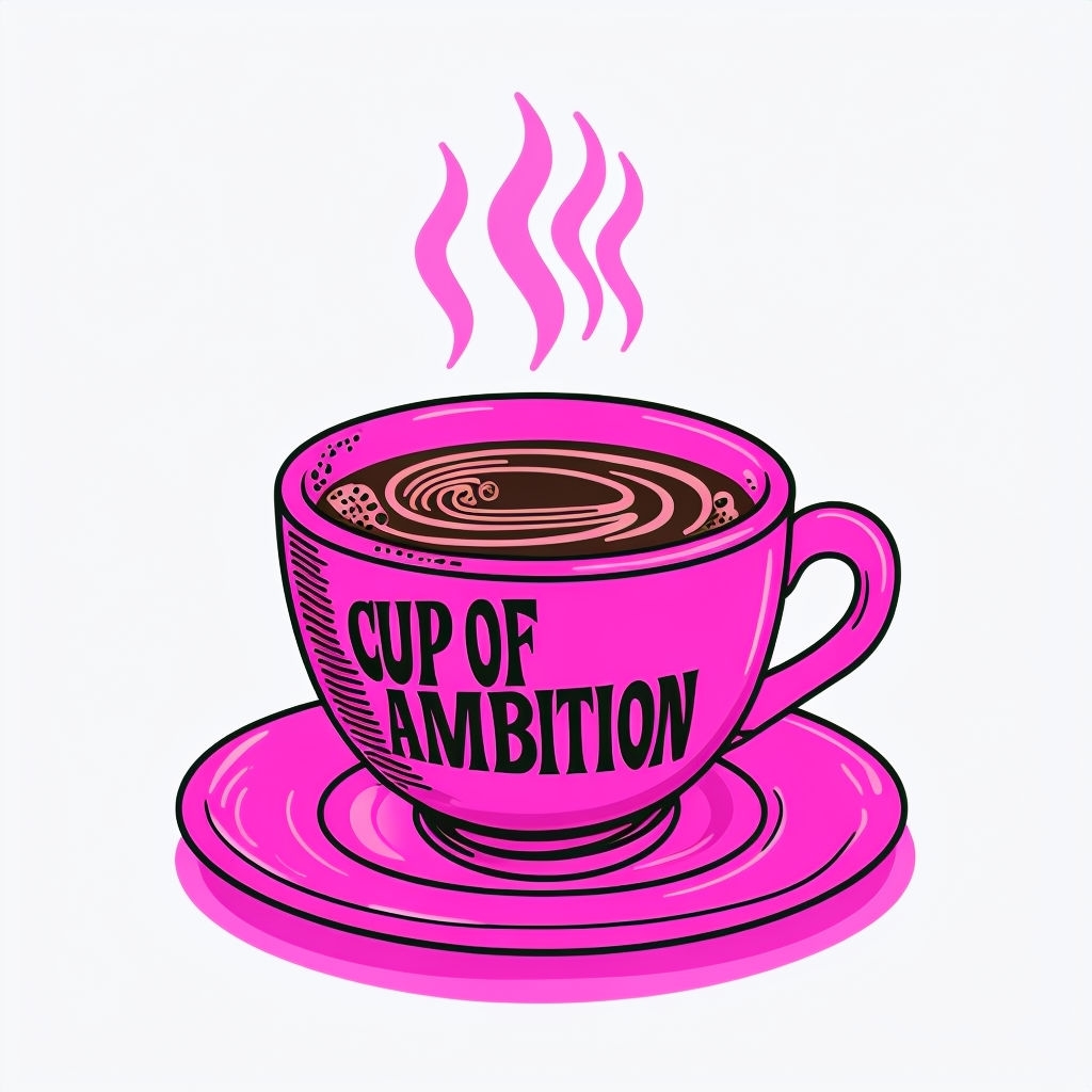Bright Pink Coffee Cup with 'Cup of Ambition' Design Sticker