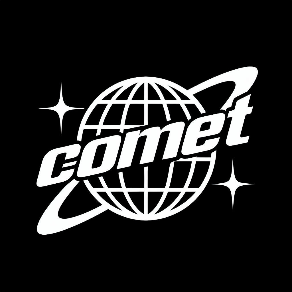 Dynamic Comet Logo with Stylized Globe and Cosmic Elements