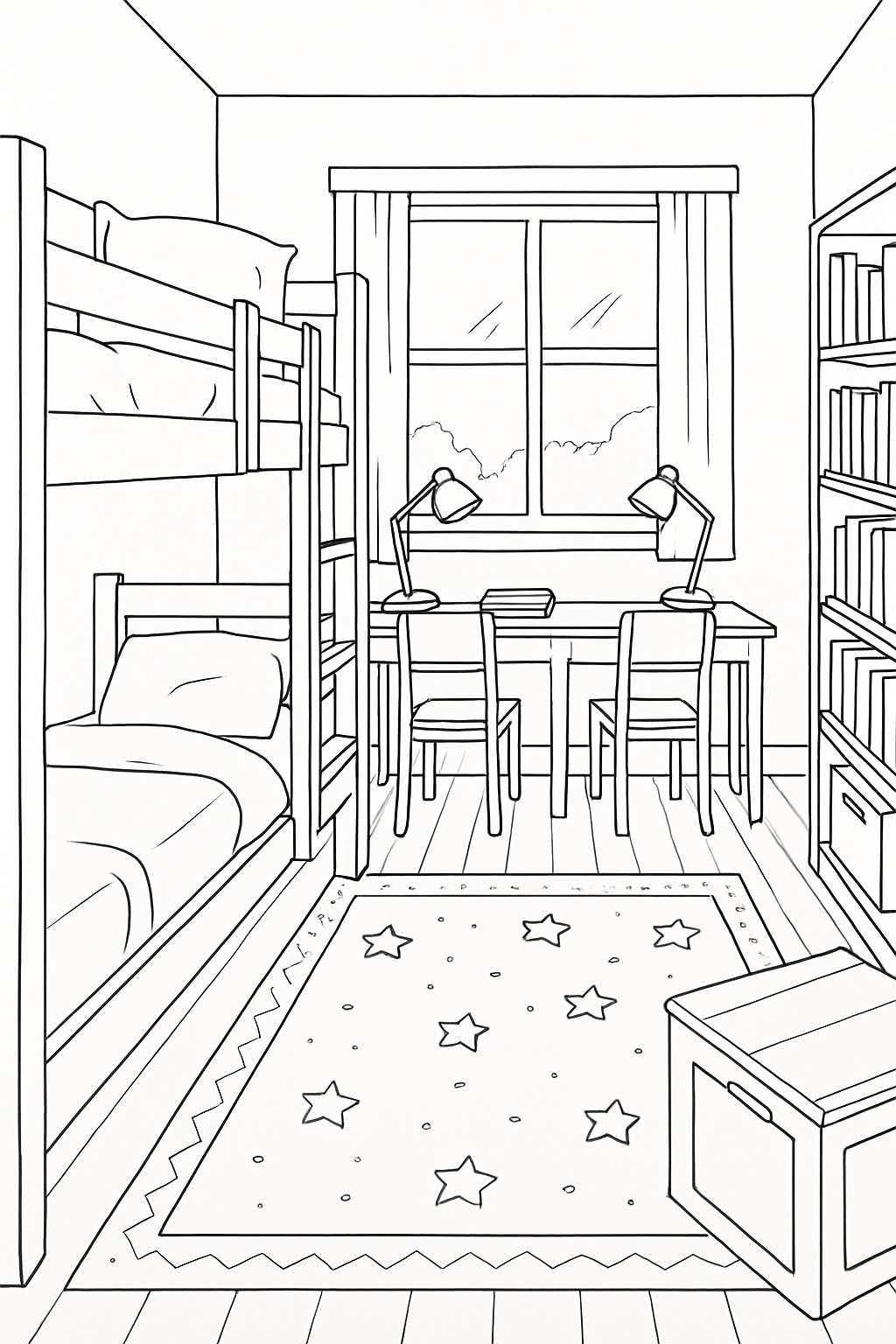 Cozy Compact Bedroom Line Drawing for Coloring Book Pages