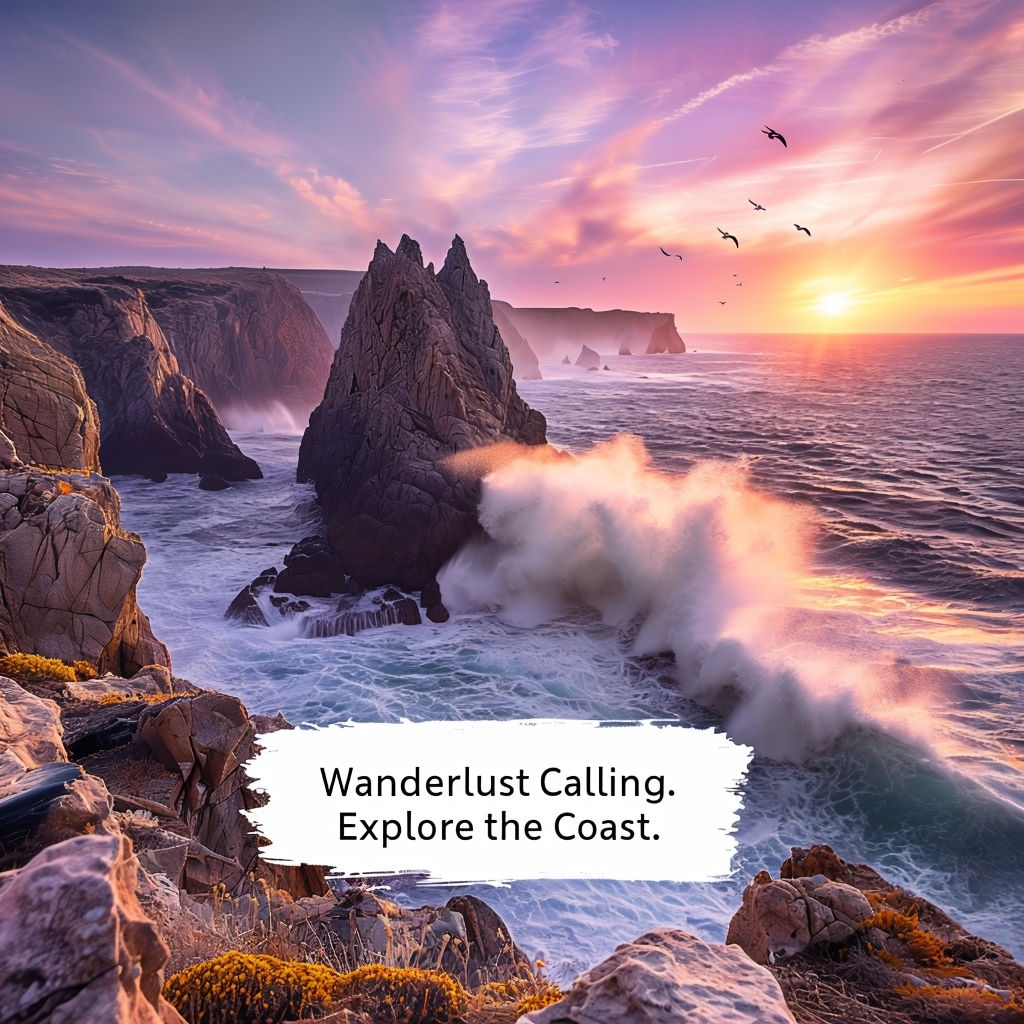 Dramatic Coastal Sunset Landscape with Inspirational Quote Social Media Post