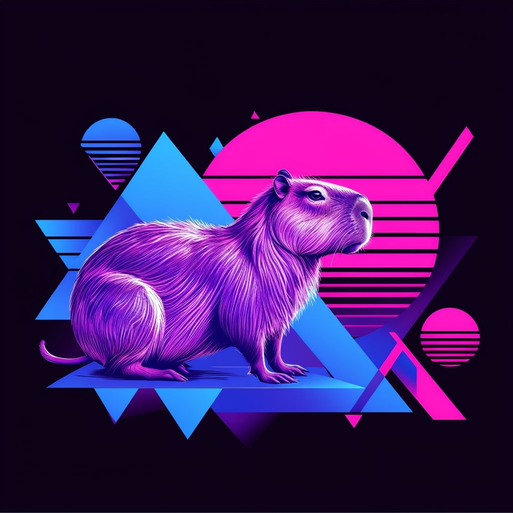 Vibrant Capybara Illustration with Abstract Neon Shapes T-Shirt