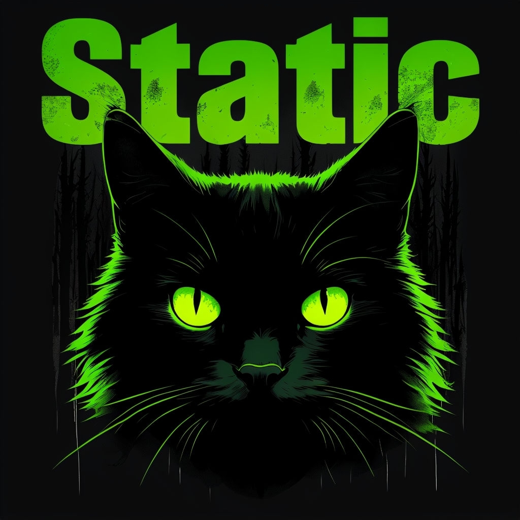 Eerie Black Cat with Neon Eyes and Static Typography Artwork Spotify Album Cover