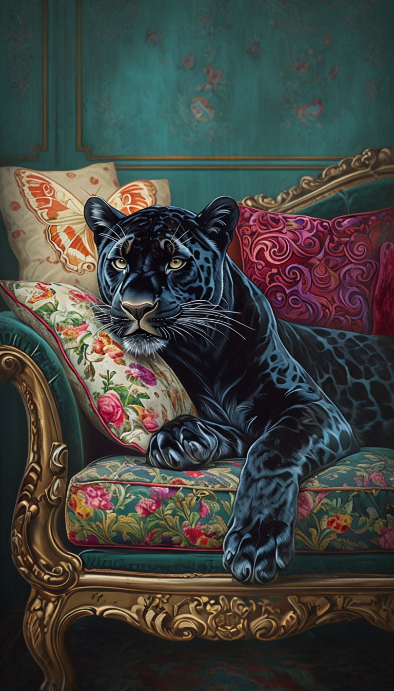 Serene Black Panther in Vintage Royal Living Room Art