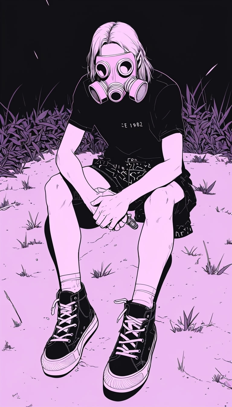 Contemplative Character in Pink Gas Mask Surrounded by Dark Foliage Mobile Wallpaper