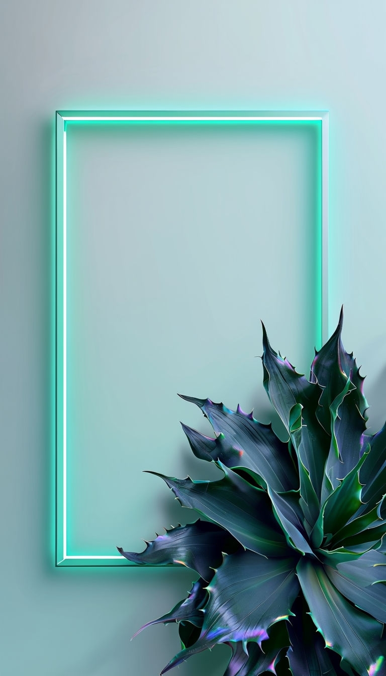 Minimalist Neon Frame with Tropical Leaves Artwork Social Media Post