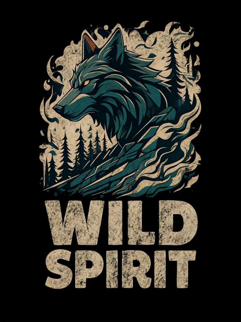 Powerful Wolf Head with Wild Spirit Text T-Shirt Design