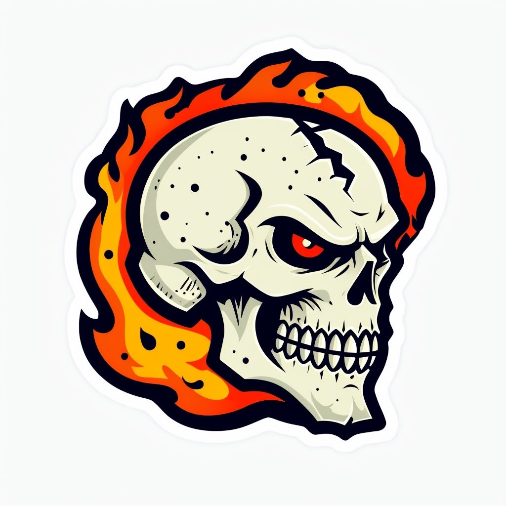 Aggressive Cartoon Skull with Flames and Bold Outline Sticker