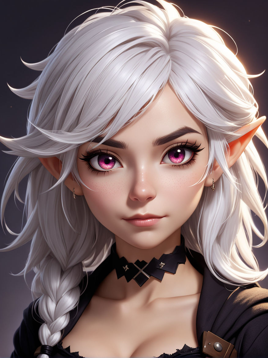 tiny and cute anime elf girl with white short hair in anime style