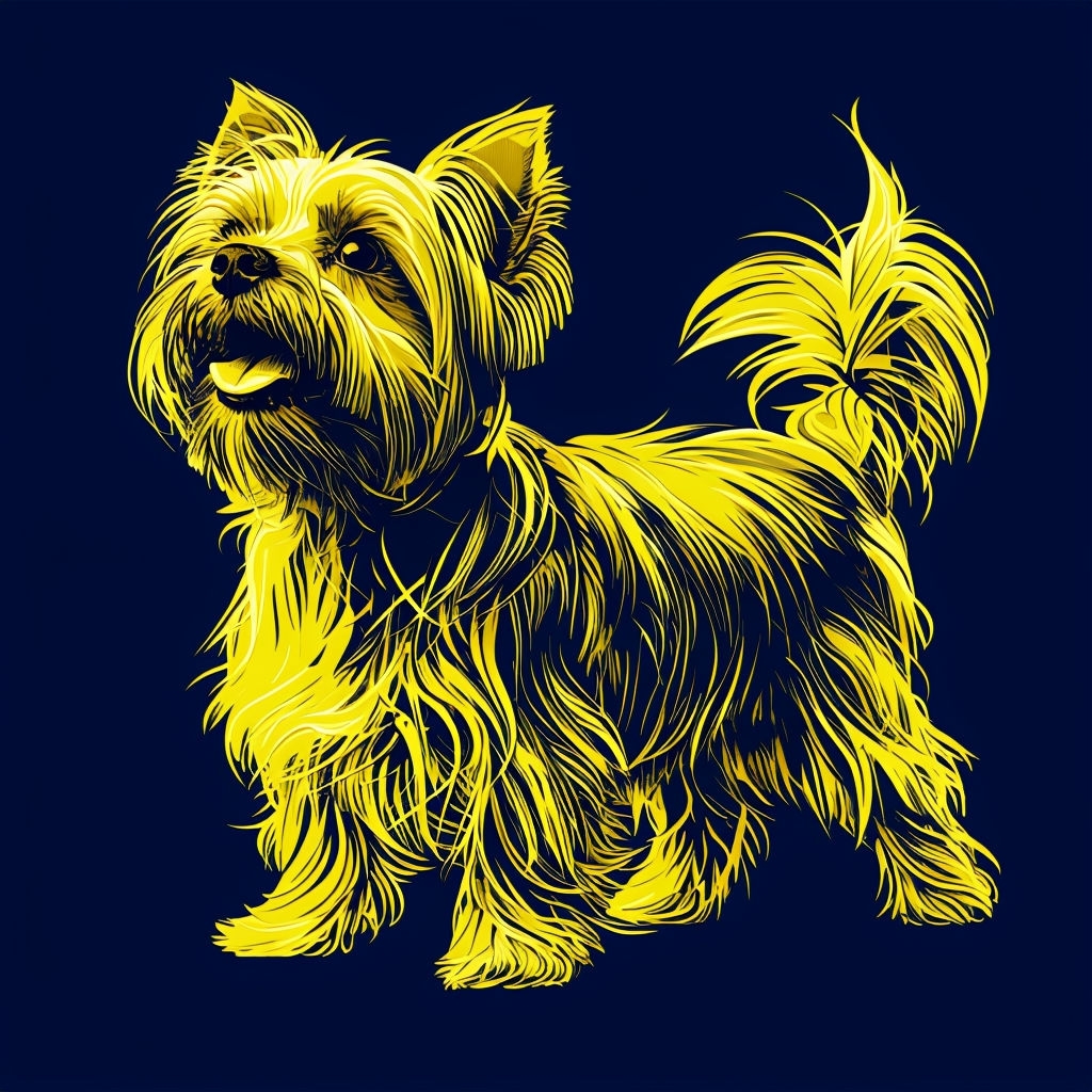 Vibrant Yellow Fluffy Dog Illustration Against Navy Background T-shirt