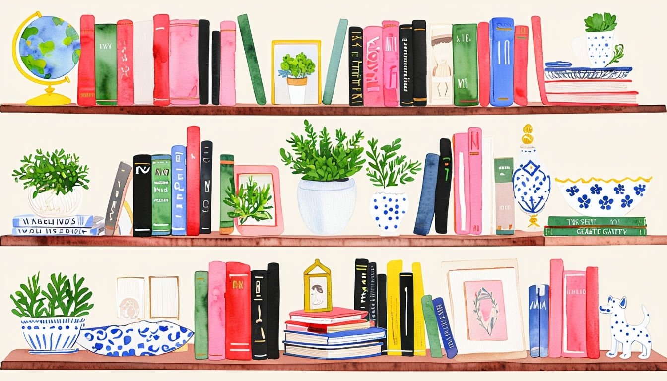 Cheerful Whimsical Watercolor Bookshelf Illustration Art // Virtual Backgrounds