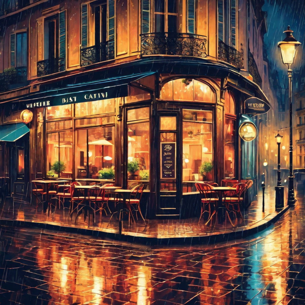 A vintage poster style of Paris street cafe in the rain at n... by Sena ...