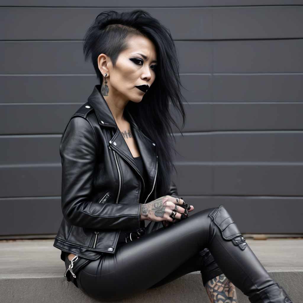 goth punk girl with tattoos and piercings smoking a cigarette while dressed  in leather