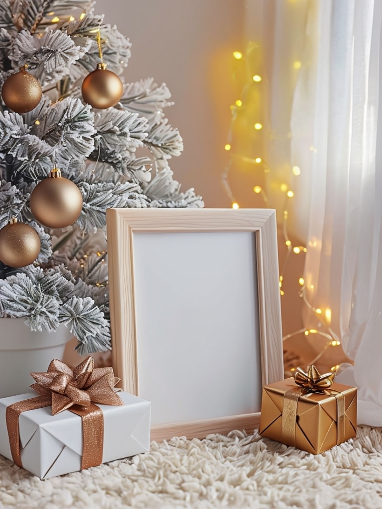 Elegant Holiday Scene with Christmas Tree and Gifts Mockup