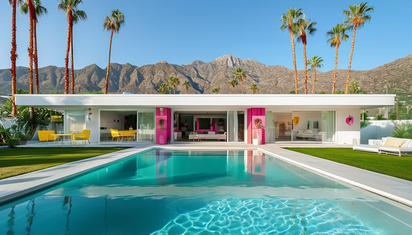 Serene Mid-Century House with Vibrant Pool and Palm Trees Background