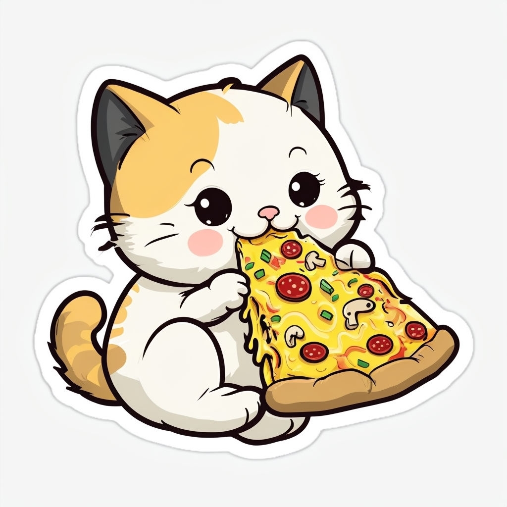 Cheerful Cartoon Cat Nibbling Pizza Slice Illustration Sticker