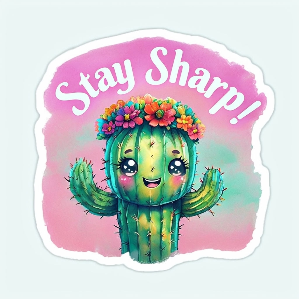 Cheerful Cartoon Cactus with Flower Crown and "Stay Sharp!" Sticker