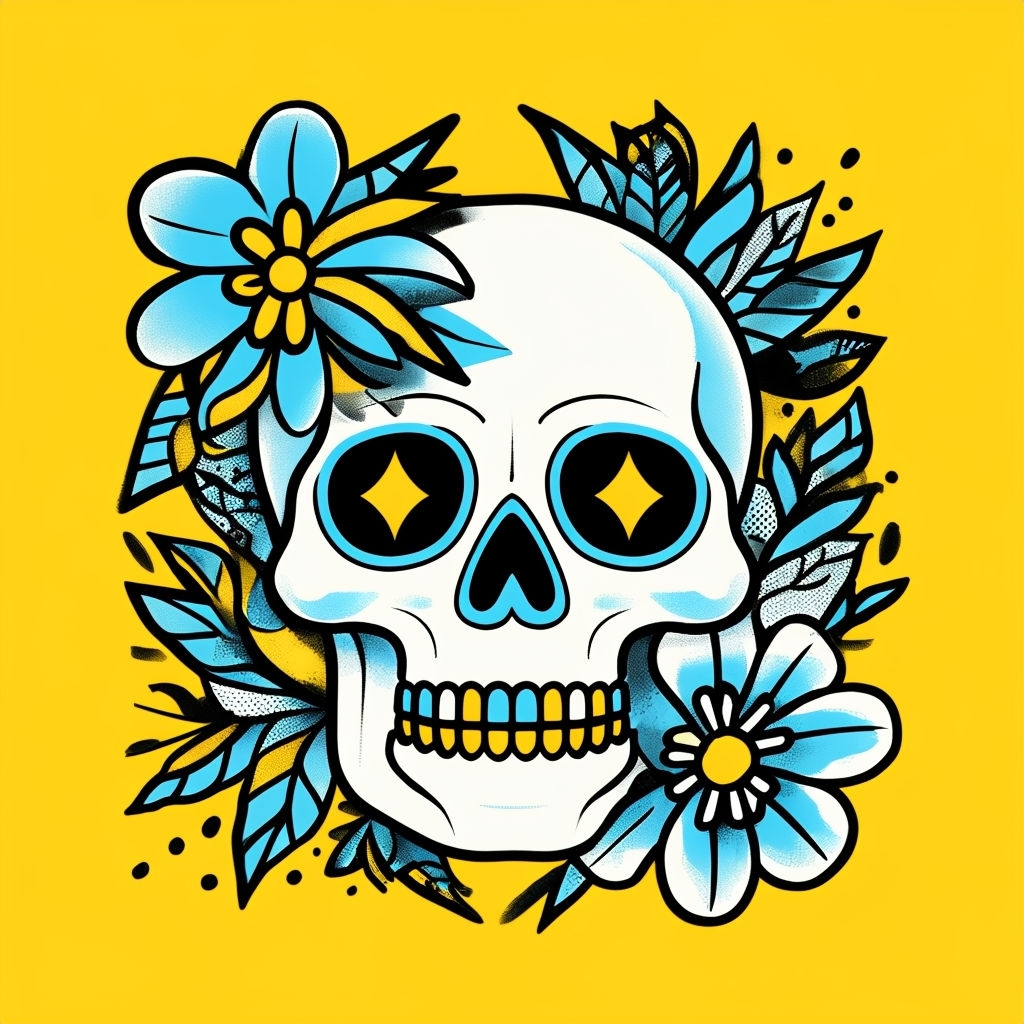 Vibrant Skull and Flower Tattoo Art Digital Sticker