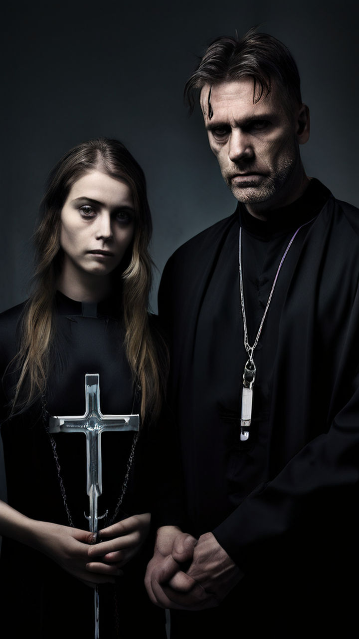 Prompt: priest, male heroin addict, girl, a cross, hypodermic needles