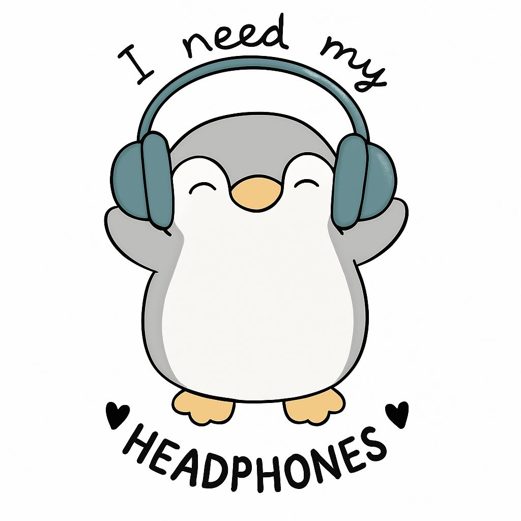 Cute Cartoon Penguin with Headphones and Whimsical Text Sticker