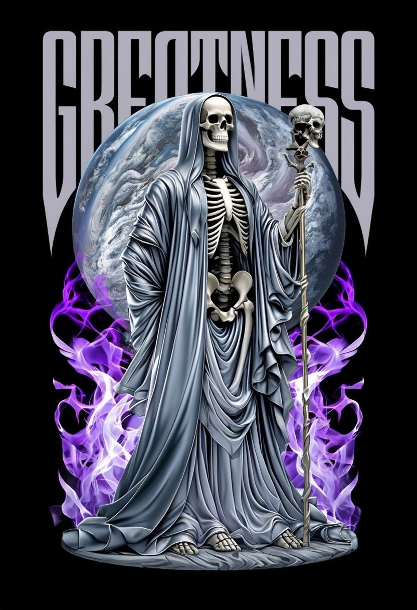 Cosmic Skeleton Figure with 'GREATNESS' Text T-Shirt