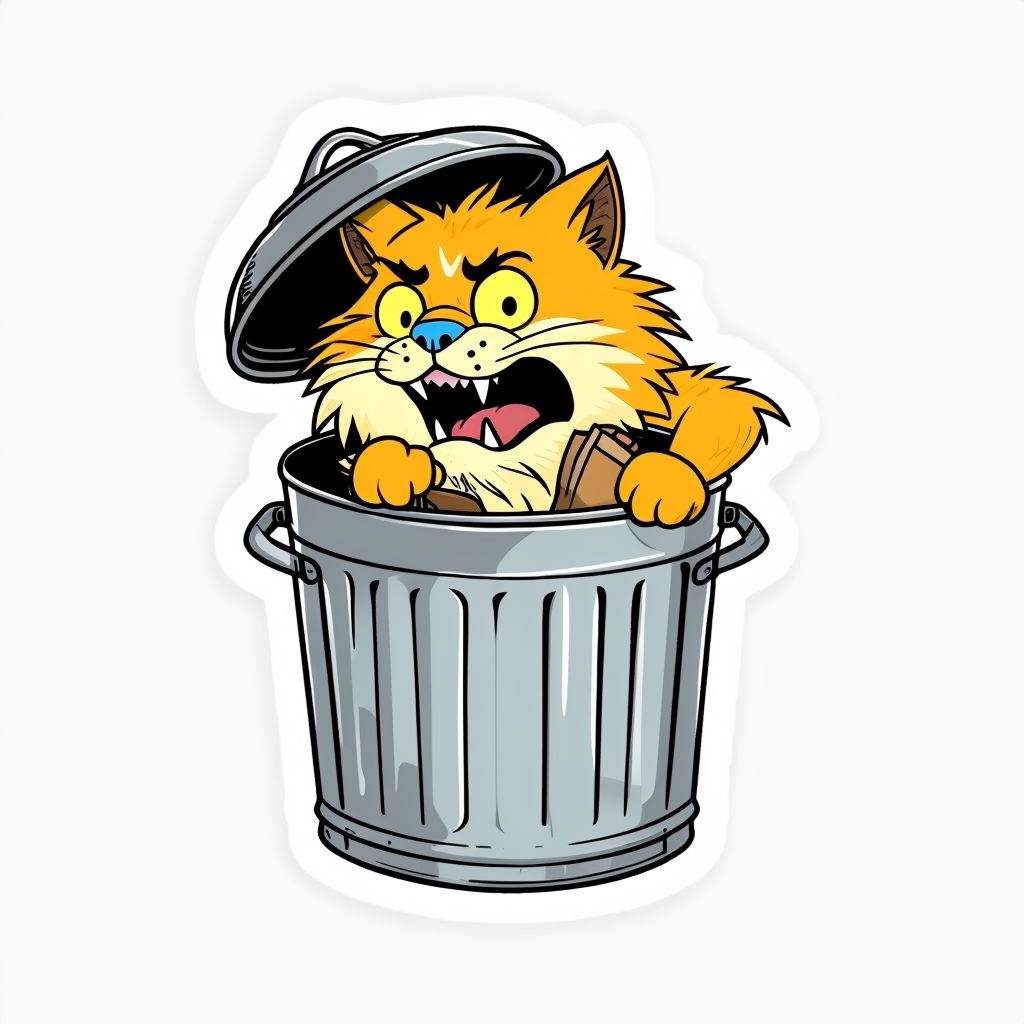 Orange Cartoon Cat in Garbage Can with Shocked Expression Sticker