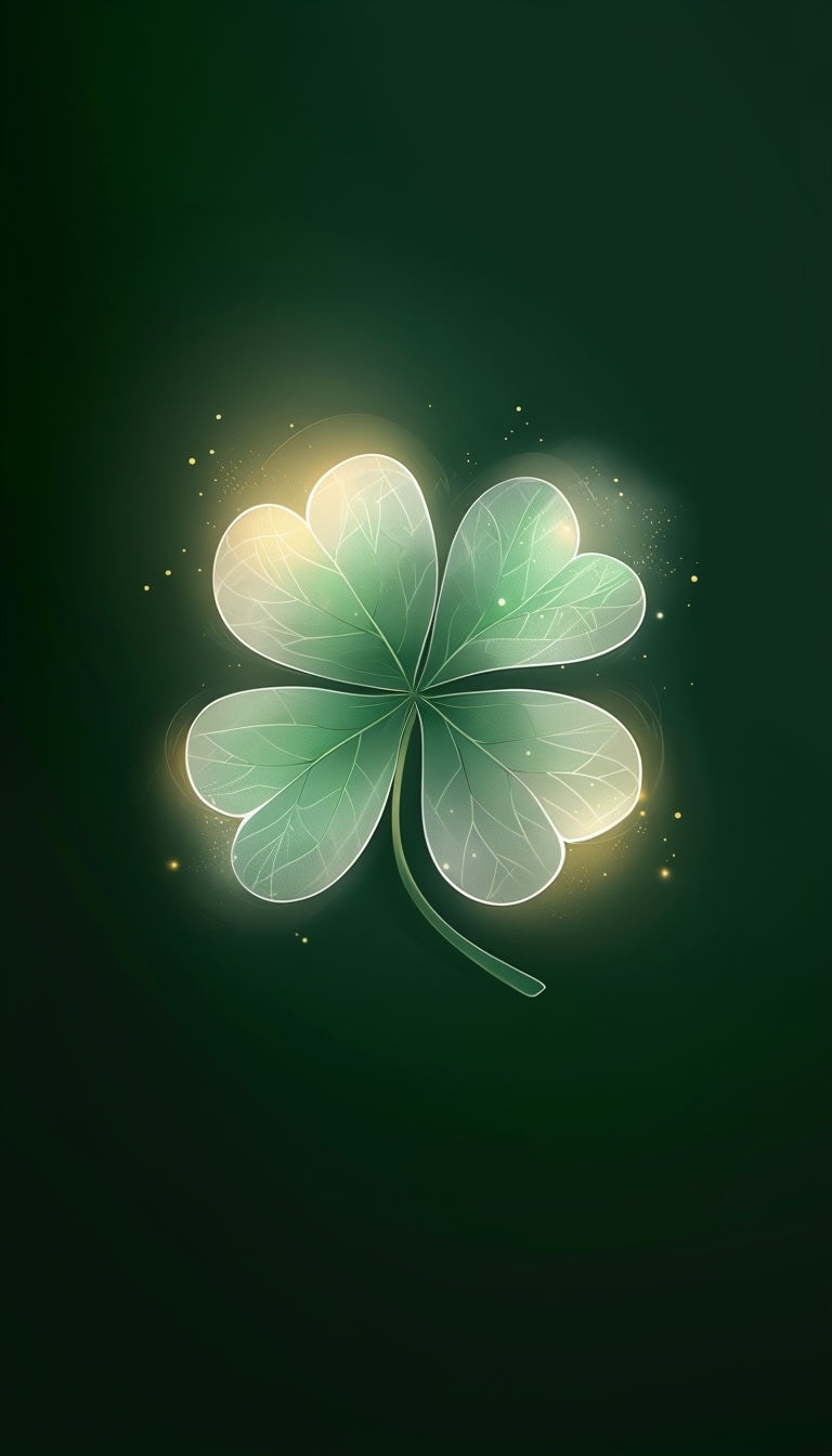 Oversized Glowing Four-Leaf Clover on Dark Green Wallpaper