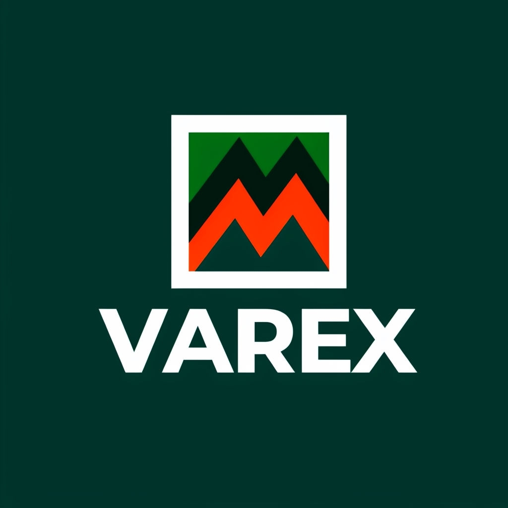 Minimalist VAREX Geometric Mountain Logo Design on Green Background Logo