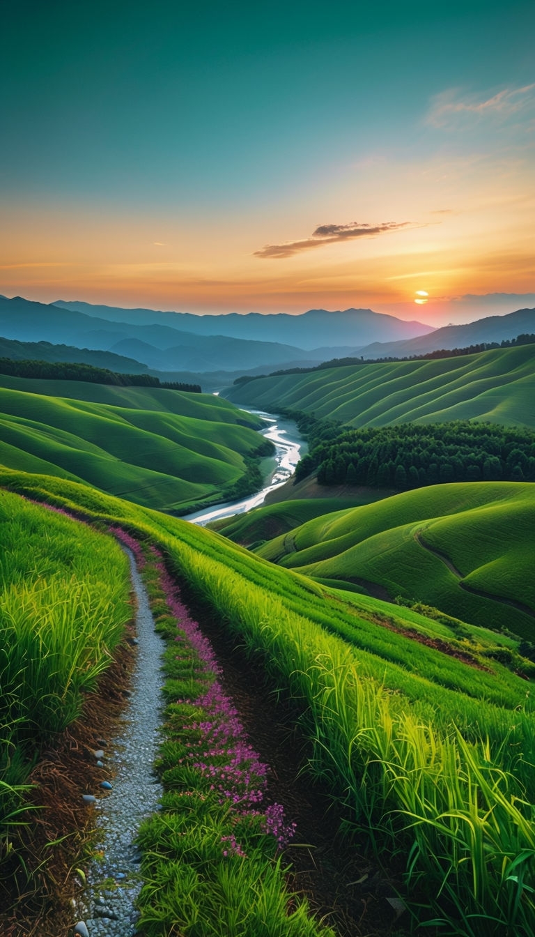 Serene Sunset Over Rolling Hills in Japan Landscape Mobile Wallpaper